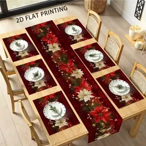 2D flat printing, 1 piece/4 piece/5 piece set/7 piece set, Christmas table flag, Table Runners and placemat set, red checkered one piece red flower design, for holiday dining, Christmas, winter holidays, New Year's table decoration, Christmas decoration