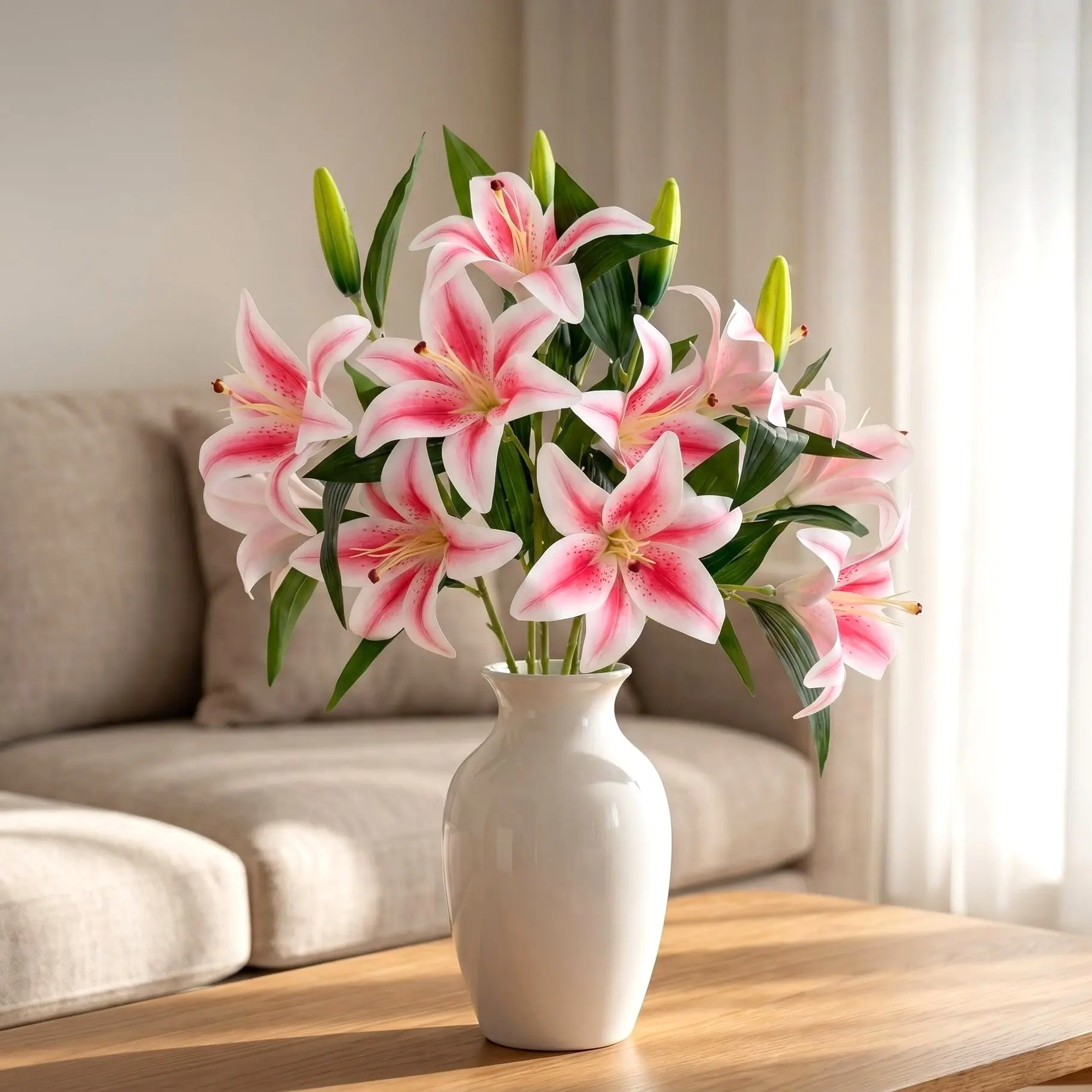 5 Stems Faux Artificial Decorative Lily Flowers, Farmhouse Rustic Elegant Style, 25.59in Long Stem with 2 Flower Heads Per Stem, Buds and Leaves, Lifelike for Home Decor Wedding DIY Floral Arrangement Holiday Gift Decorative Fake Flowers
