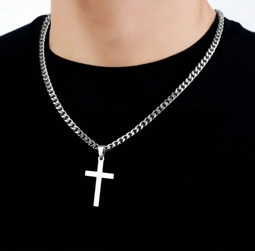 Men Cross Pendant Necklace Cuban Link Chain Waterproof Fading Jewelry