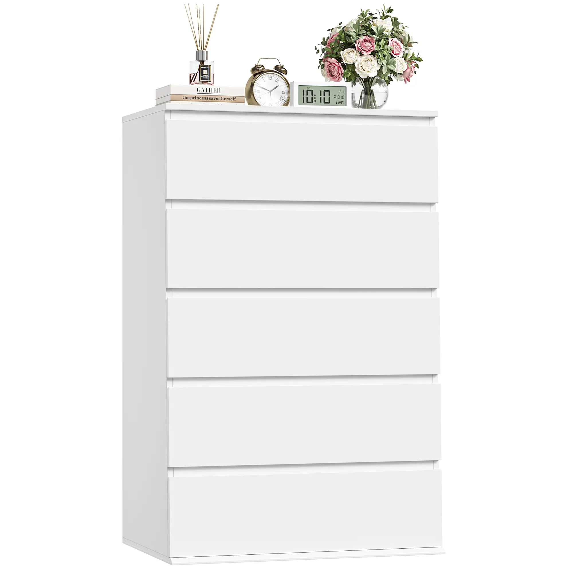 FOTOSOK Tall 5-Drawer Dresser, White Five-Drawer Dresser, Modern Dresser for Bedroom,  Dresser Chest of Drawers, White Storage, #Summervibes Cabinet with 5 Drawer, Modern Home Furniture, Drawer Chest Dresser