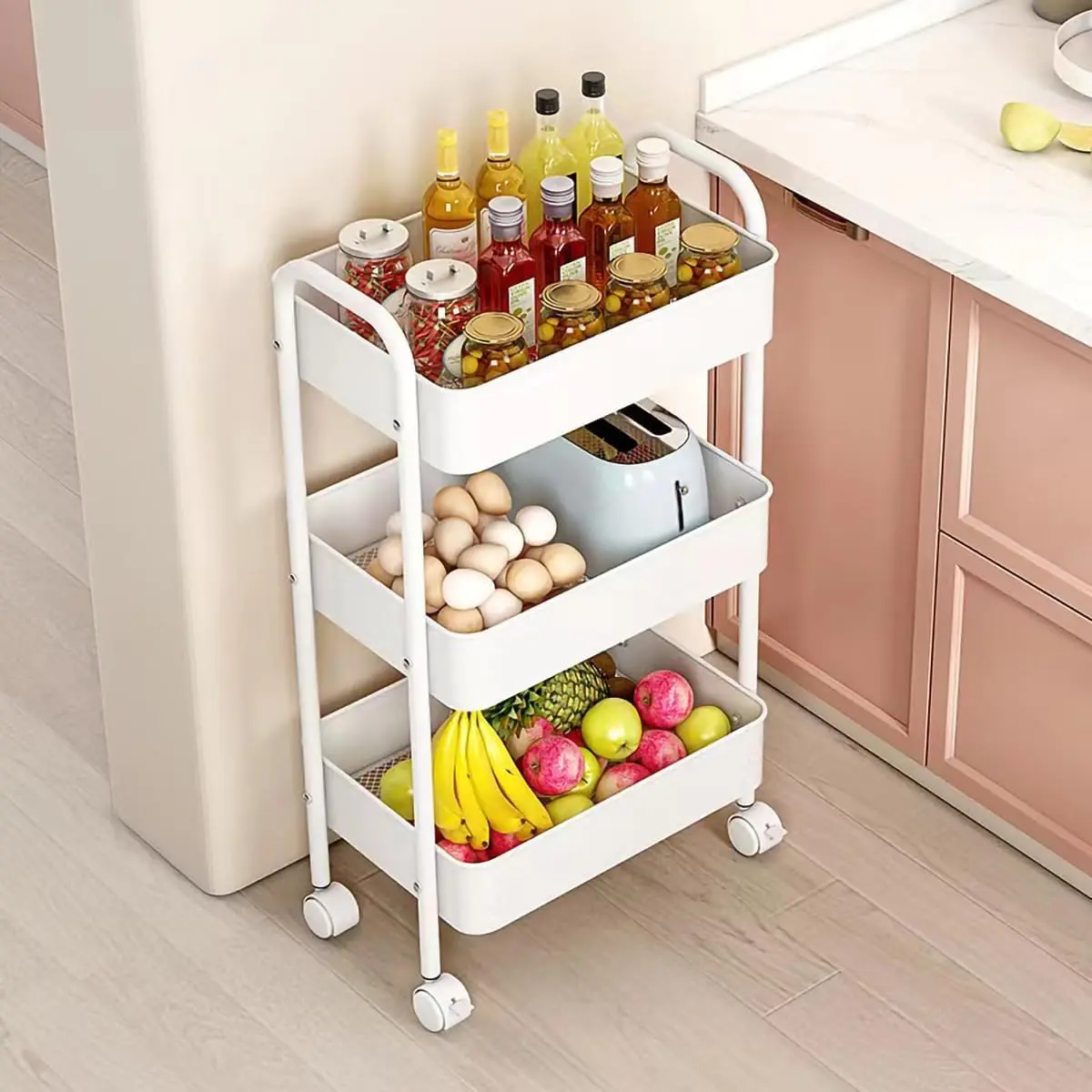 3-Tier Compact Metal Multipurpose Utility Cart, Indoor Organizational Freestanding Utility Cart with Wheels & Handle, Easy-to-Move Home Organizer Storage Rack for Kitchens & Under Desks (Pink, White), Multipurpose Utility Carts, Indoor Utility Carts