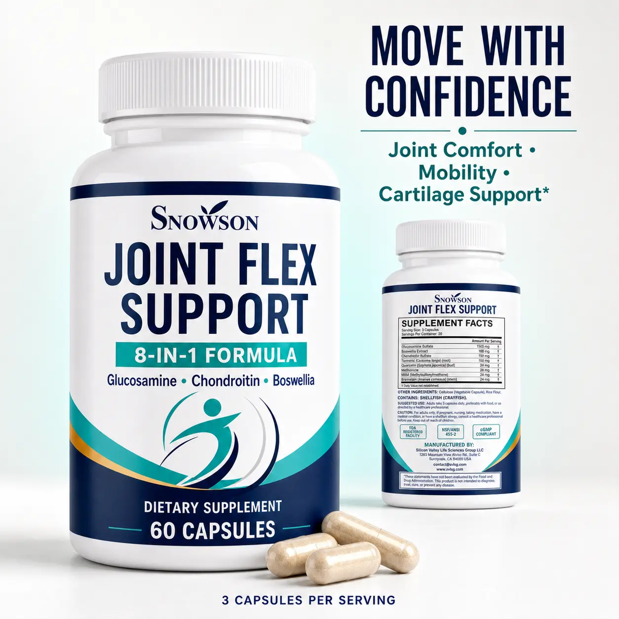 SNOWSON Joint Flex Support, 8-in-1 Glucosamine, Chondroitin, Boswellia & Turmeric Dietary Supplement for Mobility & Cartilage Health, 60 Capsules