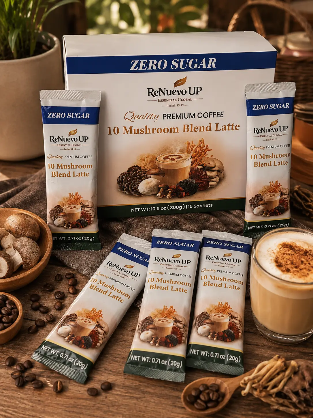 ReNuevo UP 10 Mushroom Coffee Latte Mix Packets, Premium Instant Creamy Coffee with Reishi, Lion's Mane, Cordyceps, Chaga & More, Sugar Free, Coconut Milk Powder, Stevia Sweetener, 15 Sachets for Work  Creamy Beverage