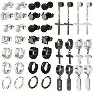 20pcs Black Stud Earring Set - Versatile Styles for Any Occasion -  Stainless Steel Synthetic Zirconia Studs with Cross Pendant Hoop Earrings Set Hip-Hop Punk Style