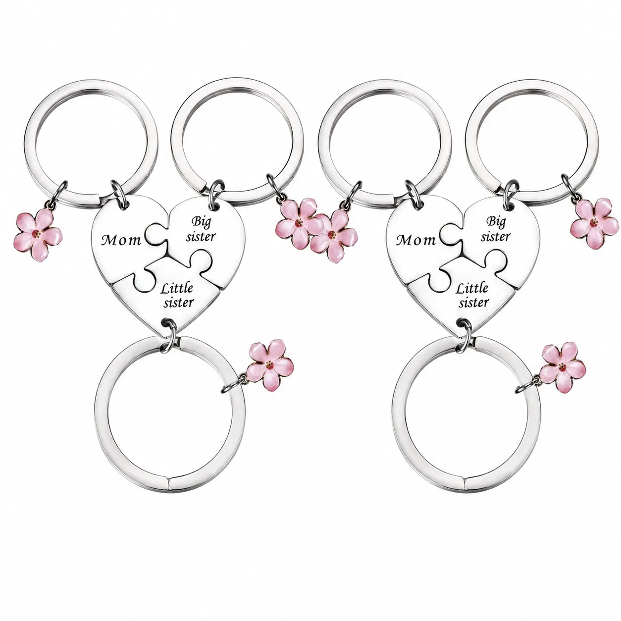 Mother Daughter Keychain in Multiple Parts | Matching Heart Puzzle Keychains for 3, Mom Big Sister Little Sister Key Rings with Pink Flower Charm, Meaningful Family Keepsake Gift for Holiday Occasion Premium & Durable Keyring Perfect for Key Organization