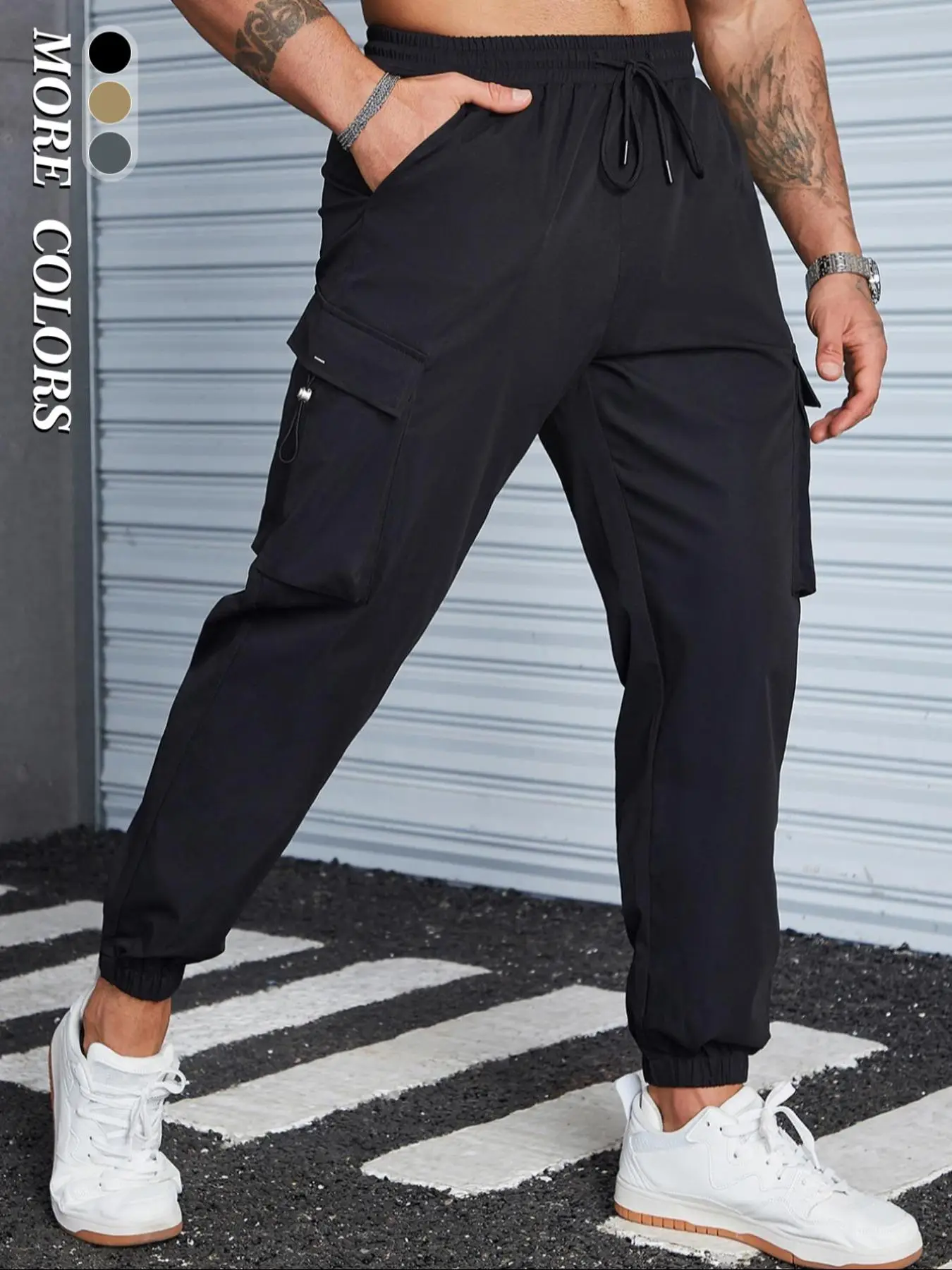 Men's Plain Pocket Cargo Sweatpants, Regular Fit Adjustable Drawstring Waist Pants, Summer Outfits 2024, Casual Street Wear Jogger Trousers for Daily