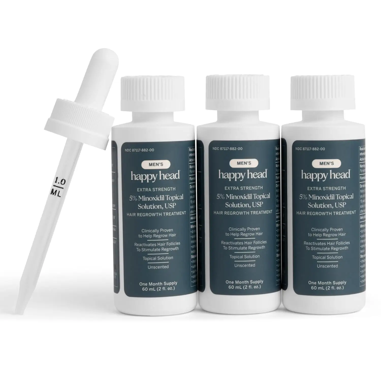 Happy Head Minoxidil Topical Hair Serum 5% Solution for Men, Hair Growth Support Formula, Unscented Scalp Application for Daily Use at Home, 3 Month Supply with 3 Bottles 60 mL Each