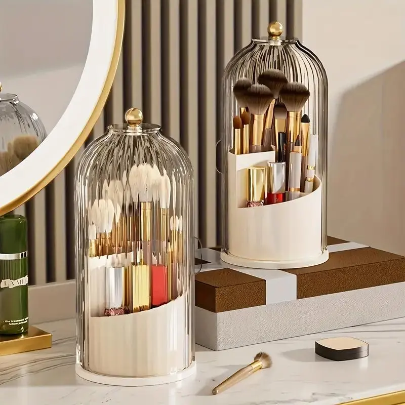 Dustproof Toothbrush Holders with Cover, 360 Degree Rotating Cosmetics Storage Box, Pen Holder, Makeup Brush Organizer, Dustproof Acrylic Lid, Suitable for Dressing Table, Bathroom And Countertop