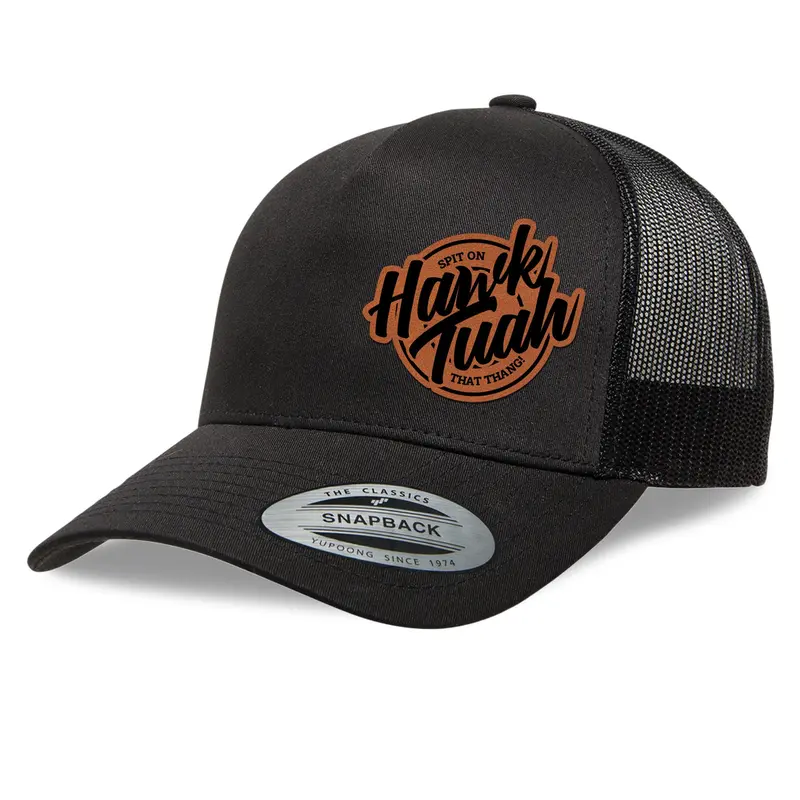 Hawk Tuah Spit on that Thang Hats - Personalized Logos - Leather Patch Trucker Snapback Caps - Quality Engraved Leatherette, Viral TikTok
