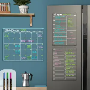 Clear Non- Calendar Set for Fridge - Dry Erase Transparent Monthly, Weekly Calendar and List Board - Sticks to Wall, Glass, Door, Any Smooth Surfaces
