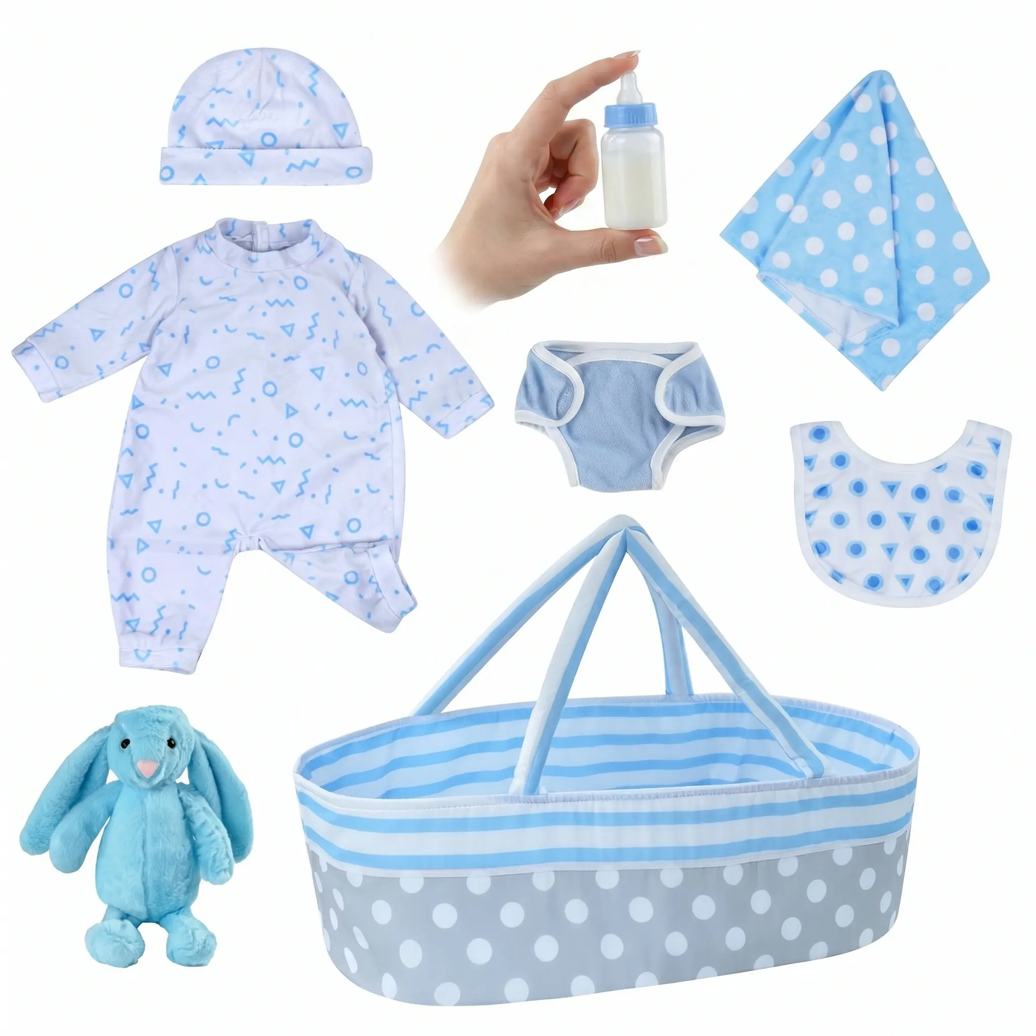 BABESIDE 8 Pcs Reborn Baby Doll Accessories with Bassinet for 17-22 Inch Baby Doll, Baby Doll Clothes Outfit Accessories fit Reborn Doll Newborn Boy