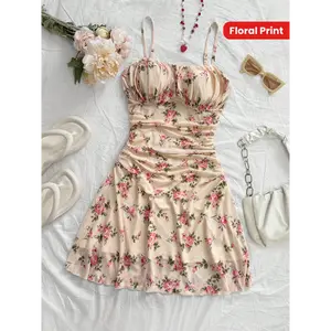 Elegant Floral Print Slip Dress for Women FC1502920 - Slim Fit with Adjustable Spaghetti Straps Ruffled Hem Light Pink Design Perfect for Summer Outings Chic Sleeveless Womenswear