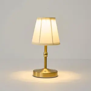 5W LED Cordless Mini Table Lamp, 3000mAh Rechargeable Battery Operated Dimmable Lamp, 3 Color Temperature Gold Fabric Table Lamp, Aesthetic Small Lamp for Kitchen Counter Restaurant Bar, H9.8"