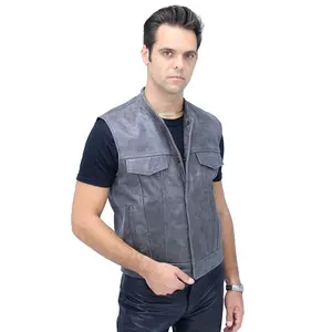 JAMIN LEATHER® Distressed Leather Club Vest w/Concealed Pockets VM1016N Menswear Sleeveless Beige Plain Top Grain Leather Exclusive Quality