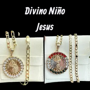 14K Gold Plated Divino Niño Jesus Crystal Necklace - 4-Color Figaro Rope Cuban Religious Costume Jewelry for Faith Enthusiasts