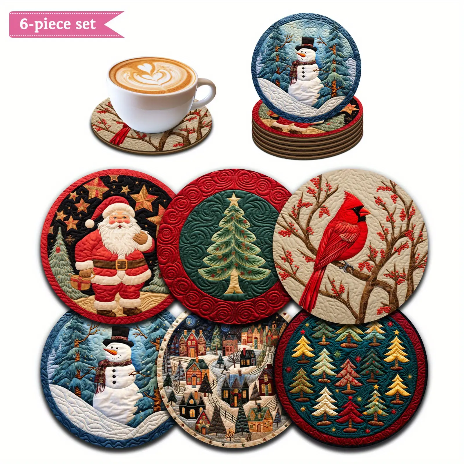 6pcs Christmas wooden coasters set, Santa Claus red bird pattern, perfect home table decoration coasters, various party gathering decoration wooden coasters