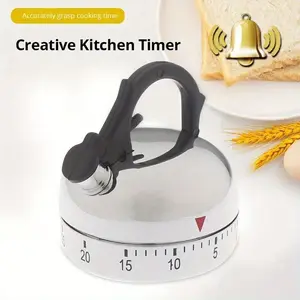 1pc White Kitchen Timer Alarm Mechanical Kettle Shaped Timer Clock Counting 60 Minutes Cuisine Kettle Styling Clockwork Timer