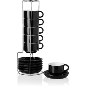 Ceramic Espresso Cups Set of 6, Espresso Cup Stackable, 4 Oz Stackable Cappuccino Cups with Saucers and Metal Stand for Coffee Drinks, Americano, Latte, Tea (Black)