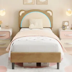 Garvee - Single Bed Frame for Kids, Upholstered Platform Bed Frame with Adjustable Headboard and LED Light, Wooden Slat Support, No Box Spring Needed, for Kids' Room