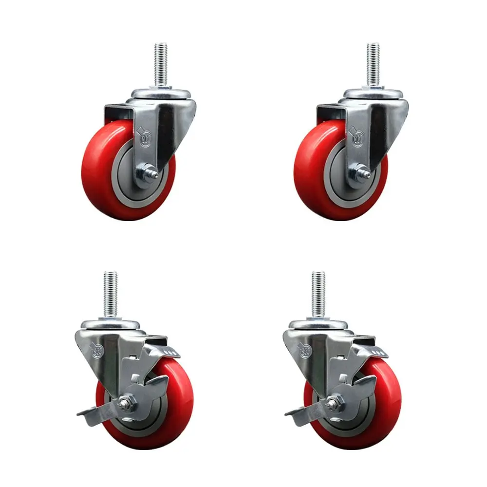 Service Caster SCC-TS20S3514-PPUB-RED-34212-2-TLB-2 Non-Marring Polyurethane Swivel Threaded Stem Casters (Set of 4), 3.5x1.25in Red Wheels, 0.75in Stems, 2 with Top Locking Brake, Ball Bearing, 1200lbs Capacity for Material Handling, Shop Projects