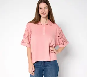 LOGO Lavish by Lori Goldstein 100% Cotton Polo Top with Lace Womenswear Blouse Blouse