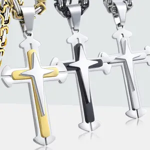 Silver/Gold/Black Color Stainless Steel Cross Pendant Necklace Byzantine Chain 18-30 inches for Mens Male Female Valentine Birthday Daily Jewelry