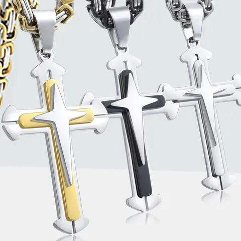 Silver/Gold/Black Color Stainless Steel Cross Pendant Necklace Byzantine Chain 18-30 inches for Mens Male Female Valentine Birthday Daily Jewelry