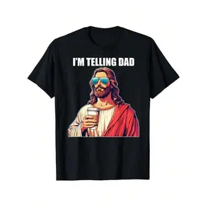 I'm Telling Dad Shirt Funny Religious Christian Jesus Meme T-Shirt Oversized Short Sleeve Classic Heavy Cotton T Shirt Printed Graphic Tee Women's Casual Short-Sleeved Top -Versatile Basic T-Shirts Fit Womenswear Cute Black Summer Streetwear Shortsleeve