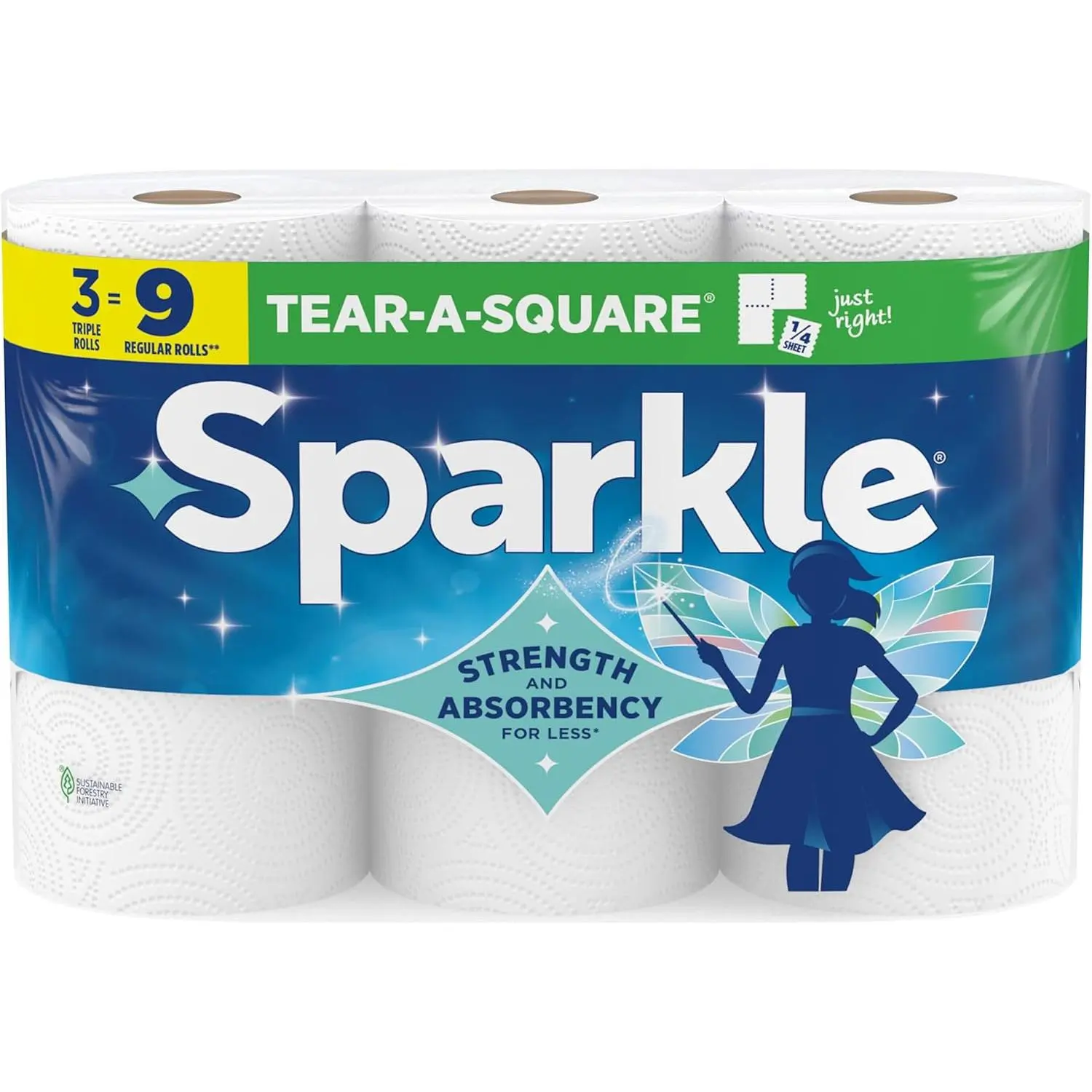 Sparkle Tear-A-Square Paper Towels, 3 Triple Rolls = 9 Regular Rolls, Strong 2-Ply Towels for Kitchen Cleanup and Everyday Messes