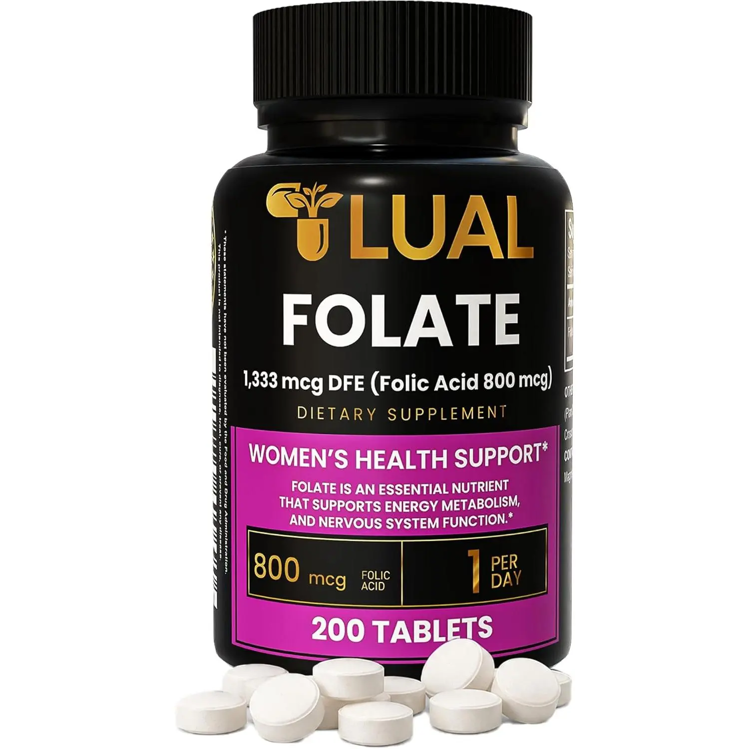 LUAL Folate 1,333 mcg DFE (800 mcg Folic Acid) – Women’s Wellness Supplement – Supports Energy Metabolism & Nervous System Function – 200 Tablets