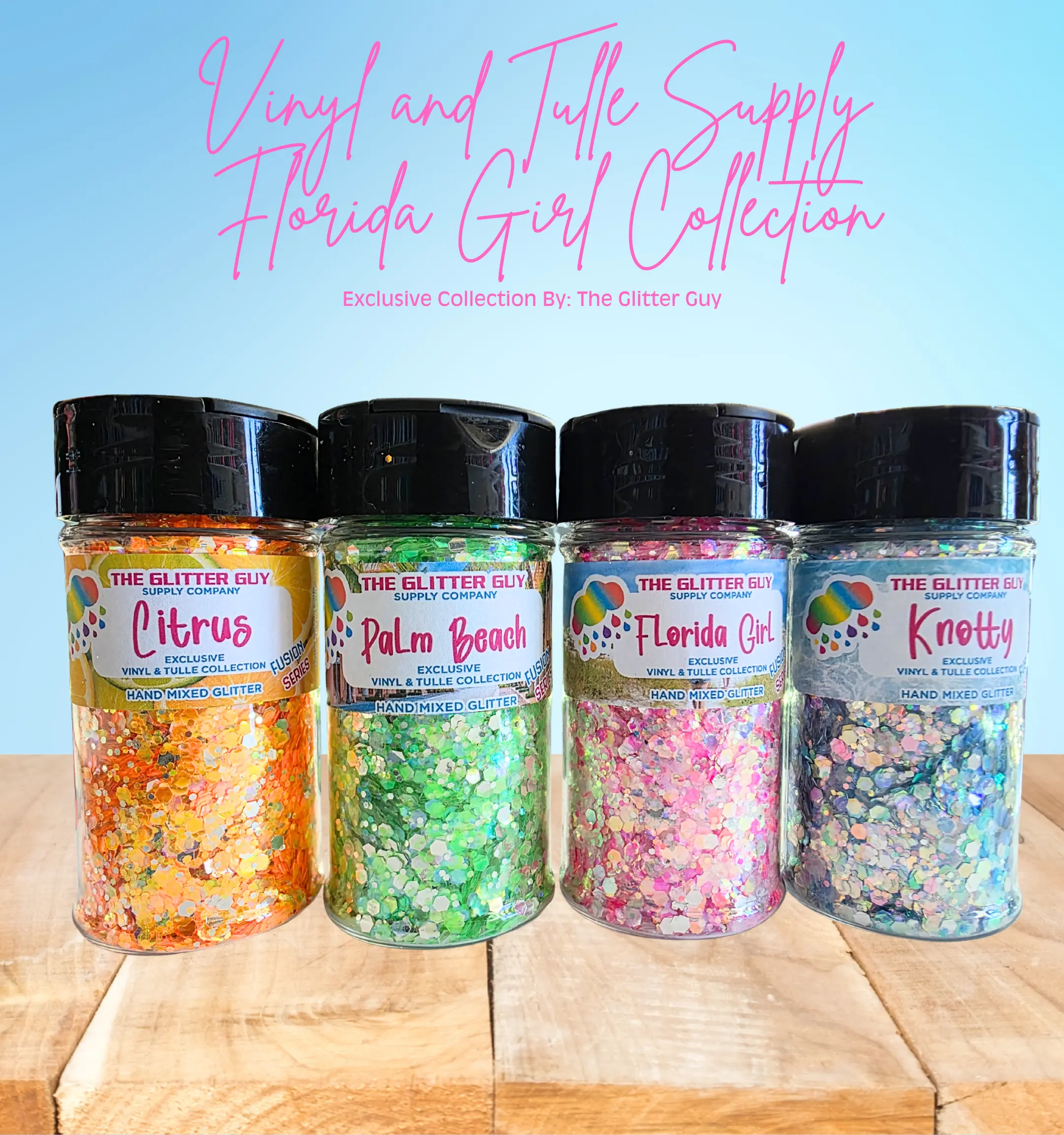 The Glitter Guy Florida Girl Collection, 4-Pack of Custom Hand-Mixed Polyester Sparkles, Non-Toxic Nail Art Supplies for Crafts, Medium 0.025" Cut, 100mL Shakers, Handmade Glitter, Colored Nail Art Glitters