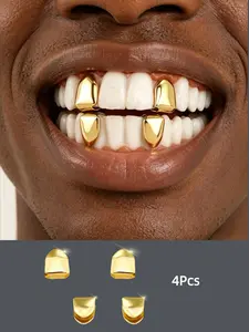 4PCS Hip Hop Gold Grillz Set | 18K Gold-Plated Single Tooth Upper & Lower Caps, Easy-to-Wear Teeth Jewelry for Street Style Lovers, Ideal for Concerts & Festivals