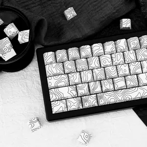 131 Keys PBT White Topographic Keycaps, Side Print Shine Through Dye Sublimation, Cherry Profile for MX Switch Mechanical Keyboards