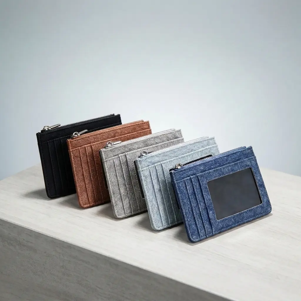 Prosper Vogue Minimal Denim Fabric Anti-Theft RFID Card Holder, Slim Multi Slot Credit Card Wallet, Clear ID Window & Zipper Coin Pocket, Compact Everyday Carry Pocket Purse for Men & Women leather