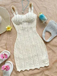 Women's Summer Crochet Mini Dress, Breathable Hollow Knit Bodycon, Bra Detail and Back Tie, Perfect for Beach Cover-Up, Vacation Wear, Pool Party, Music Festivals