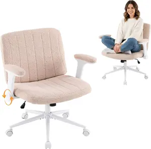Karlhome Criss Cross Chair with Adjustable Flip-Up Arms,Cross Legged Chair with Wheels,Extra Wide Office Chair,Desk Chair for Home Office,Vanity,Bedroom, Apartment,Starry Chenille,Pink