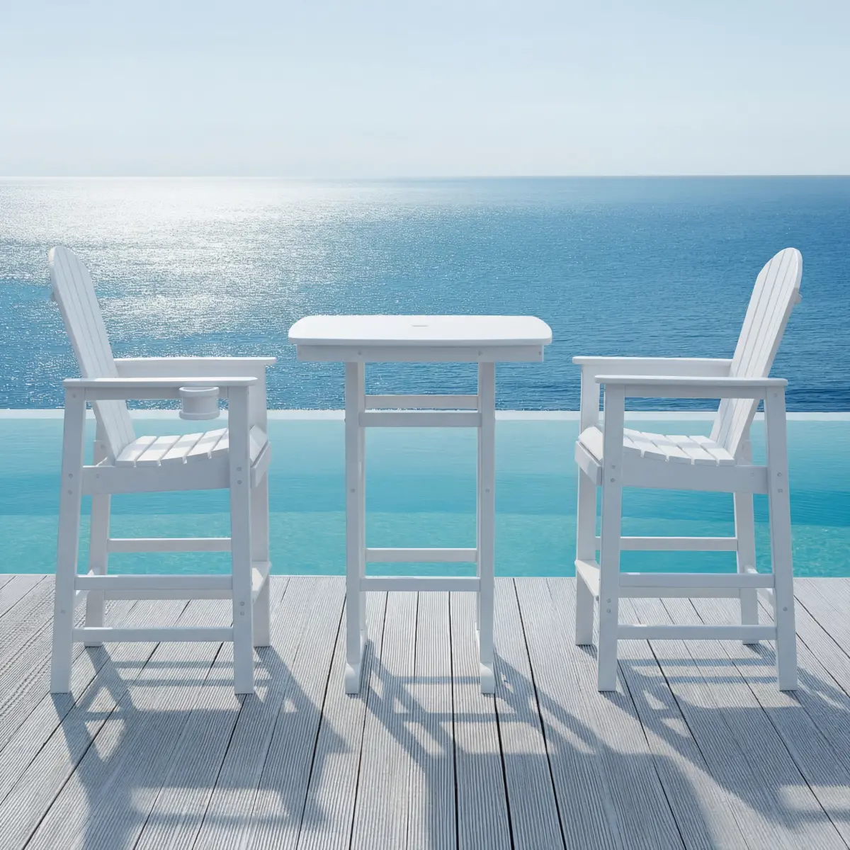 White HDPE Polywood Bar-Height Patio Set - 3-Piece PE Outdoor Bistro Dining Set with 42.1" Square Dining Table, 2 Wide Arms & Cup Holder Bar Stools, All-Weather Garden Furniture for Porch, Poolside, Seats 2