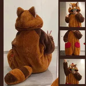 Cute cartoon animal velvet jumpsuit in winter, warm wool lined hooded pajamas, raccoon role-playing ear tail pajamas