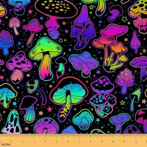 Feelyou Waterproof Upholstery Fabric - 1yd Cartoon Fungi Print, Fluorescent Hues, Easy-Clean Textile for Home Hammock, Indoor/Outdoor Furniture Decoration