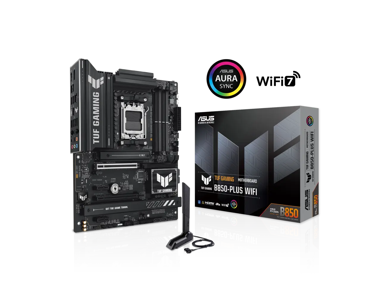 ASUS TUF GAMING B850-PLUS WIFI AMD AM5 B850 ATX motherboard, 14+2+1 80A stages, AI Ready, DDR5, PCIe 5.0 , 3x M.2, Wi-Fi 7, 2.5Gb LAN, DisplayPort, HDMI, USB 10Gbps & 20Gbps Type-C, BIOS FlashBack