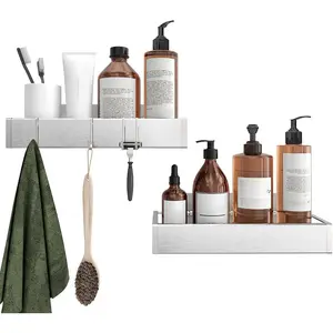 Bathroom Adhesive Shower  Basket Shelf with Hooks, No Drilling Removable Bathroom Shelf Organizer,Stainless Steel Rustproof Shower Rack for Shampoo Storage, Sponge Holder-