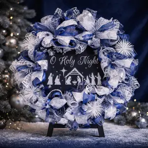 Beautiful Blue and White Sparkling Nativity Scene Wreath