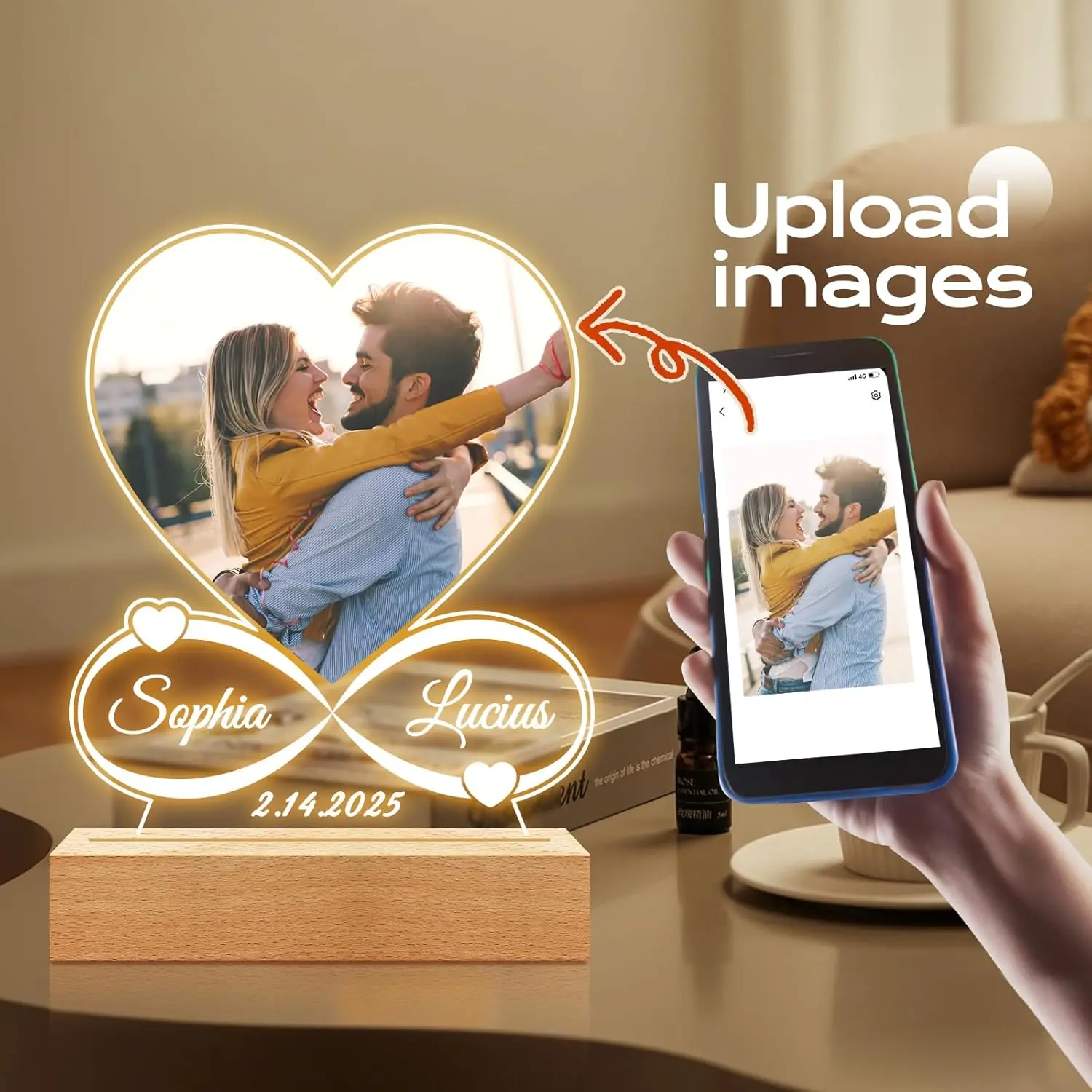 Custom Picture Frames with Photo, Personalized Photo Frame with Night Light, Customized Picture Frame, Personalized Mothers Day Anniversary Birthday Gifts for Women Men Her Him Mom Dad Baby Kid Family
