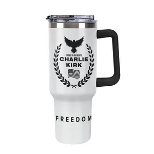 Charlie Kirk Memorial Tumbler, Political Statement Tumbler, Patriot Memorial Gifts, 20oz 40oz Large-Capacity Thermos Tumbler, Black and White Handle Tumbler,Charlie Kirk Freedom Tumbler