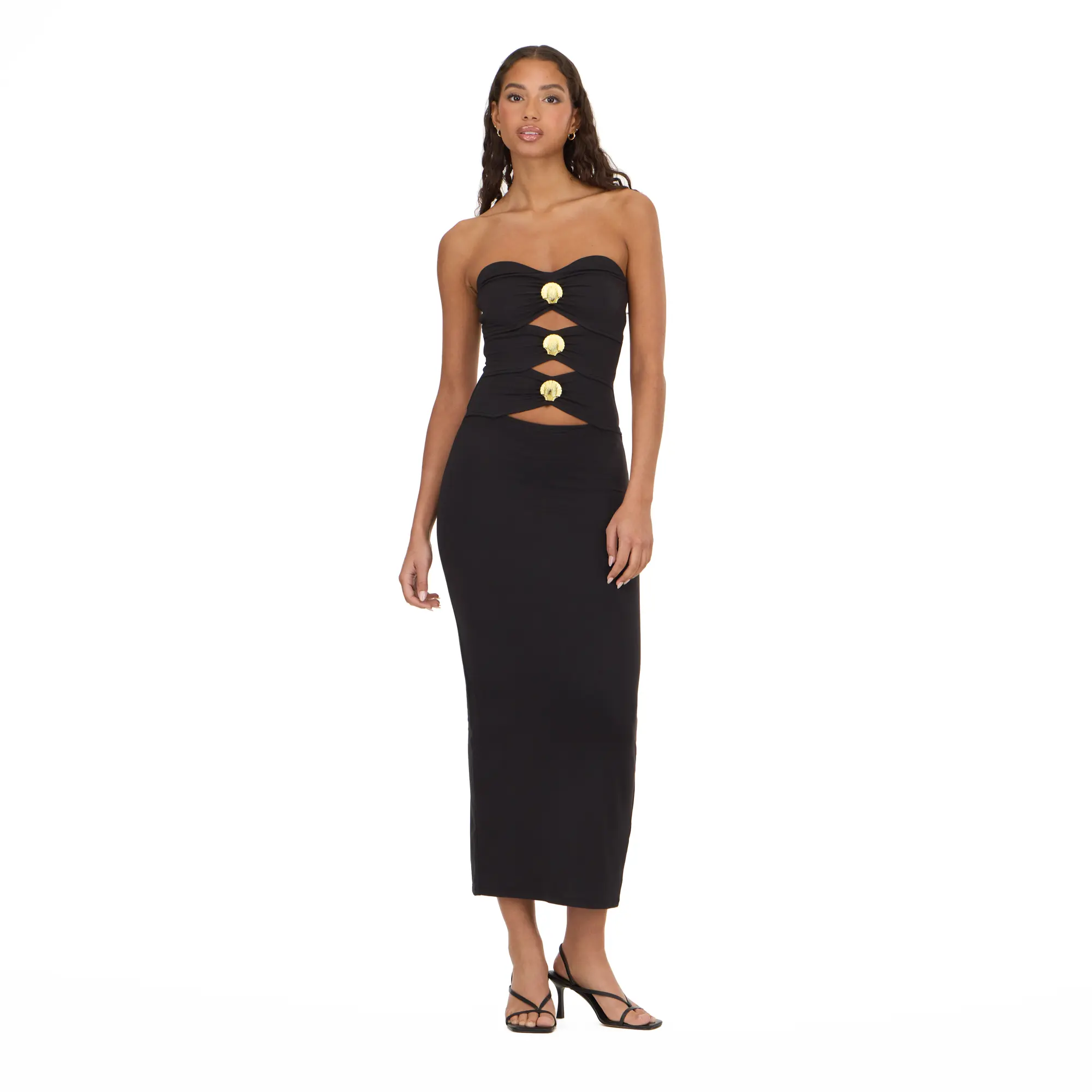 Forever 21 Elegant Women's Strapless Fitted Bandage Maxi Gown - Formal Evening Bodycon Dress with Metallic Seashell Hardware, Cutout Accents, Strappy Detail, Floor-Length Sleeveless Design - For Bachelorette Party, Bridal Shower, For Women