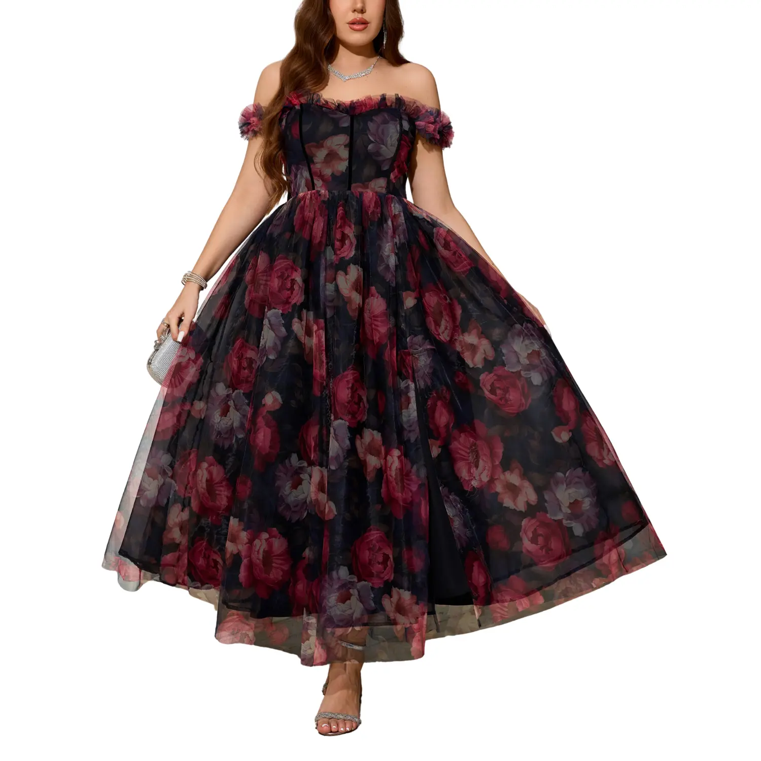 EYWOL Women's Plus Size Floral Off Shoulder Tulle Maxi Dress for Formal Party & Wedding Guest Evening Gown with Smocked A-Line Silhouette Casual