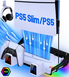 PS5 Wall Mount Kit with Cooling Station & Controller Charging Station for Playsation 5 Slim/PS5, PS5 Accessories 3 Levels Turbofan, RGB, USB Port, Headset Holder, PS5 Stand for PS5 Disc/Digital