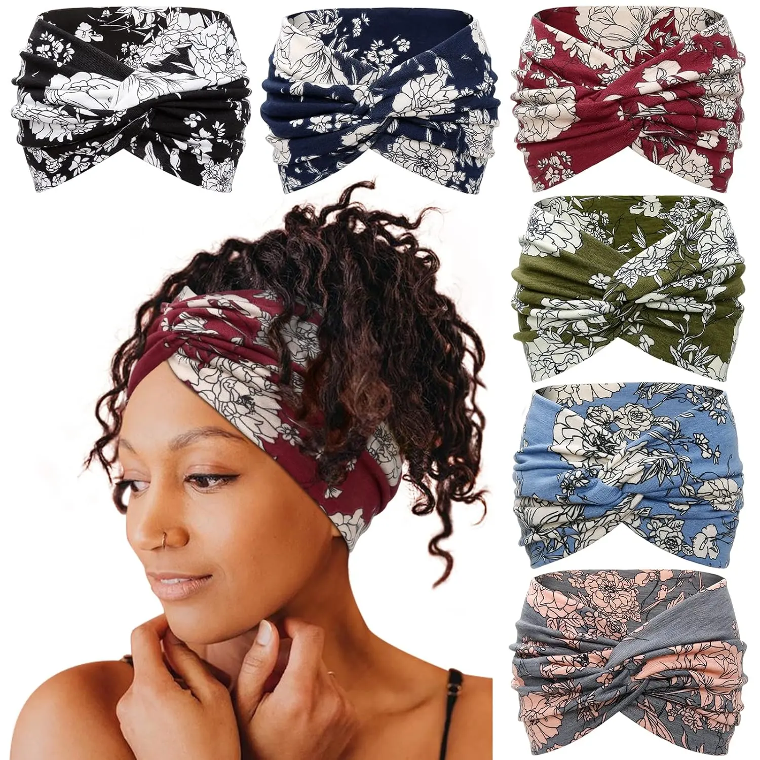 Women's 6-Pack Boho Headbands - Soft Fabric Wide Knotted Turban, Floral & Tie-Dye Prints, Non-Slip Bandana Style, Foldable Hair Accessories for Yoga, Sports Wear & Everyday Use, All Seasons Flower Headband