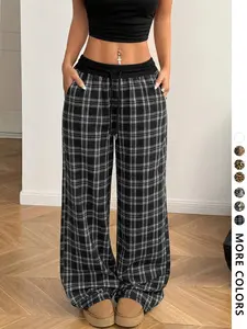 Women's Plaid Print Checkered Woven Wide Leg Fitted Sweatpants, Casual Comfy Trousers for Spring & Fall, Women's Bottoms for Daily Wear, Womenswear, Lady