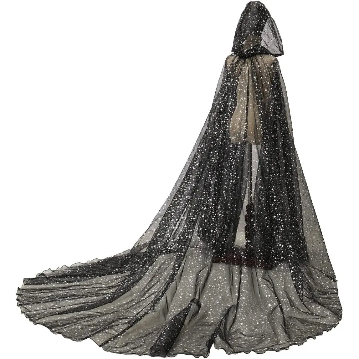Women Wedding Tulle Cape Hooded Elf Cloak Bridal Dress Robe with Long Train